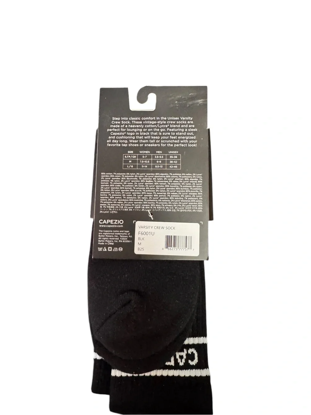 Capezio Varsity Crew Socks Black White Unisex Size M NEW Dance Athletic